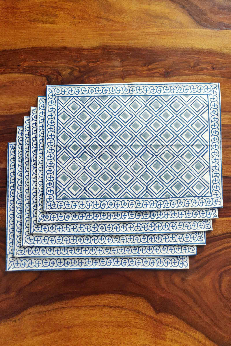 Blue Mahjong Canvas Handblock Mats Set of 6