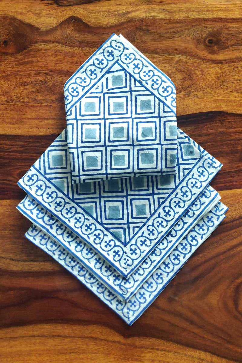 Blue Mahjong Cotton Napkins Set of 4 with Handblock Print