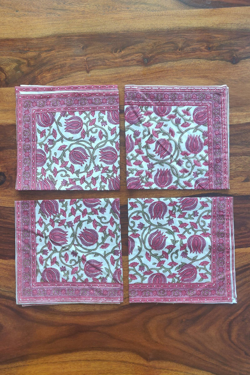 Rosy Tulips Cotton Napkins with Handblock Print