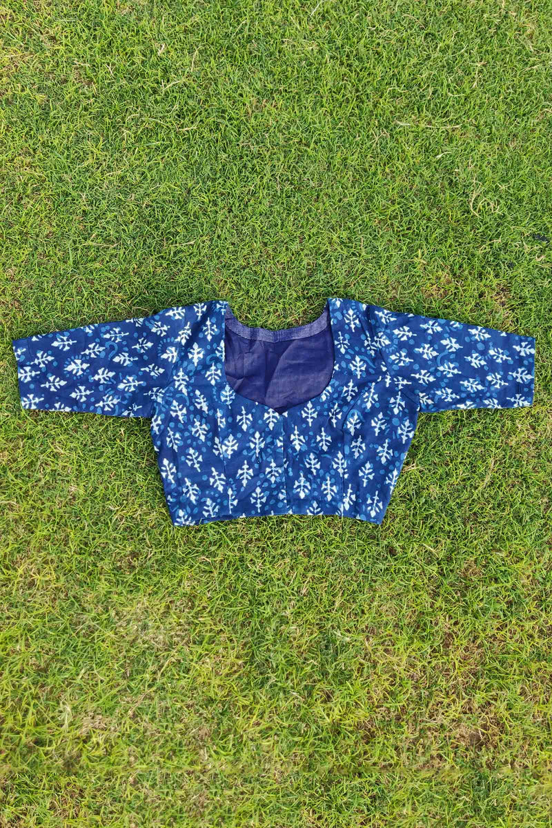 Indigo mood cotton blouse with indigo handblock