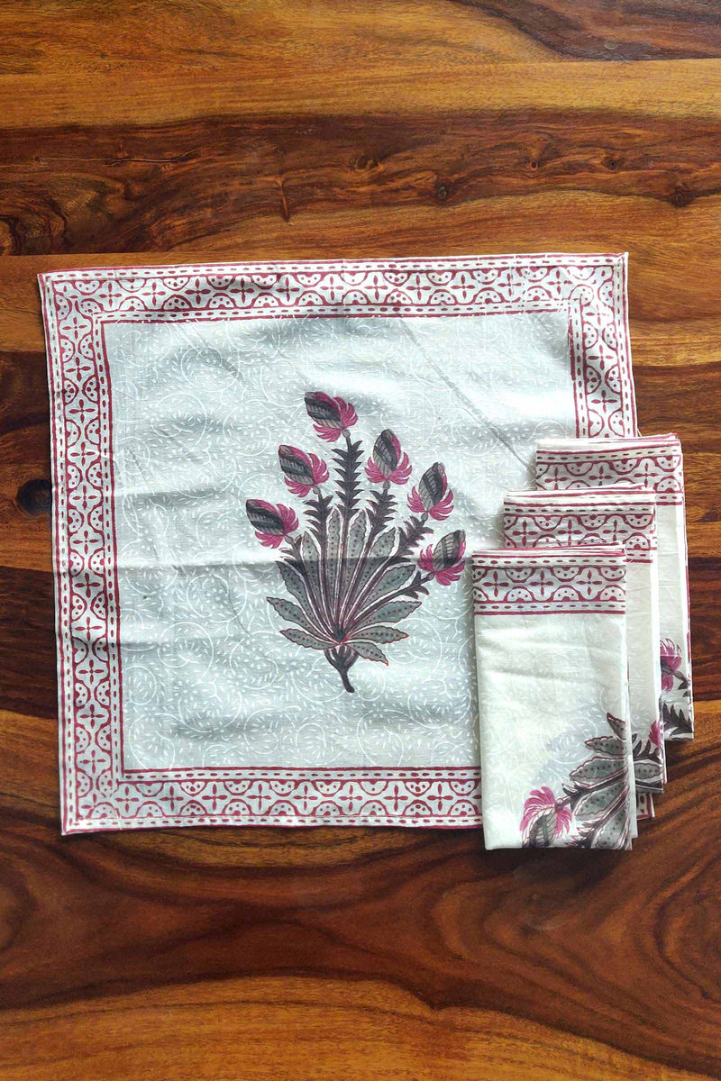 Lilac Stems Cotton Napkins set of 4 with Handblock Print