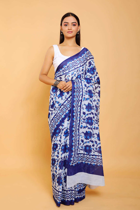 Indigo Blue Maheshwari Art Silk Dabu Block Print Saree – Aabhaari
