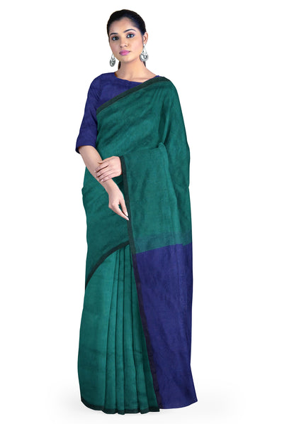 Dark Green Cotton Silk Saree, Golden Border