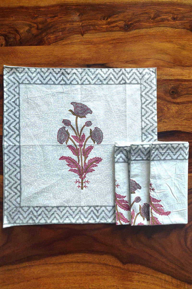 Tilted Flower Cotton Napkins Set of 4 with Handblock Print